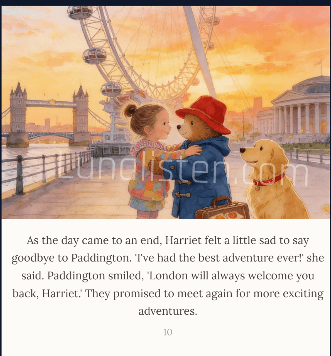 LunaListen app showing personalized bedtime story with custom AI illustration of child meeting Paddington Bear